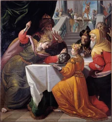 Salome med Johannes Baptists huvud på en silverplatta Målning av Giovanni Andrea Ansaldo (1584-1638) 1630 ungefär Genes, Musei di Strada Nuova (ex Palazzo Bianco)