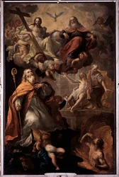 Representation av Sankt Nikolaus av Bari och den heliga treenigheten Gud, Jesus Kristus och den helige Andes duva (Saint Nikolaus av Bari och den heliga treenigheten) Målning av Andrea Carlone (1639-1697) Santa Margherita-kyrkan, Santa Margherita Ligure It