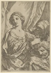 Judith greppar Holofernes huvud i håret och tittar åt vänster, en gammal kvinna, 1600-1640.