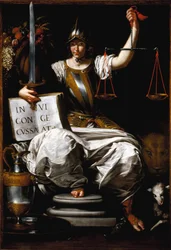 Allegori över rättvisan som en kvinna med svärd och våg. Målning av Giovanni Andrea de Ferrari (omkring 1598-1669), 1600-talet, Genua, Galleria di Palazzo Bianco