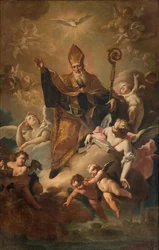 Södra tvärskeppet, San Benedettos altare, Sankt Benedictus i Gloria medan han välsignade staden, Altartavla av Giovanni Angelo Borroni, San Benedetto i Gloria medan han välsignade staden 1744