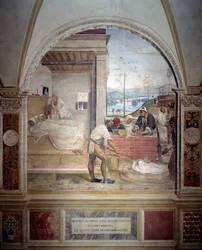 Benedict uppenbarar sig för två munkar och presenterar dem projektet av en klosterfresk av kloster, gjord av Antonio Bazzi dit il Sodoma (1477 - 1549) som berättar om livet för den helige Benediktus av Nursie (480 - 567) grundare av Benediktinerorden 1503 