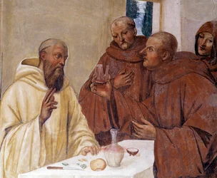 Benedictus bryter ett glas förgiftat vin och gör korsets tecken. Detaljfresk av klädseln gjord av Antonio Bazzi dit il Sodoma (1477 - 1549) som berättar om livet för den helige Benediktus av Nursie (480 - 567) grundare av Benediktinerorden 1503 - 1508