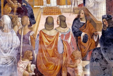 Benedict exkommunicerade två nunnor och frikänner dem efter deras död. Detail Cloister fresk av Antonio Bazzi dit il Sodoma (1477 - 1549) som berättar om livet för Saint Benedict of Nursie (480 - 567) grundare av Benediktinerorden 1503 - 1508 Abbey of Mo