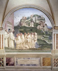 Benedict utlöste en källa på toppen av berget Fresco of the Cloister gjord av Antonio Bazzi dit il Sodoma (1477 - 1549) som berättar om livet för Saint Benedict of Nursie (480 - 567) grundare av Benediktinerorden 1503 - 1508 Abbey of Monte Oliveto