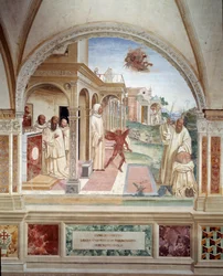 Benoit befriar en munk besatt av en demon (den helige Benedictus befriar en man som är besatt av djävulen) fresk av klädseln gjord av Antonio Bazzi dit il Sodoma (1477 - 1549) som berättar om livet för Saint Benedict of Nursie (480 - 567) grundare av Bened