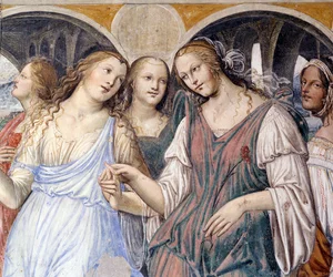 Florent skickade prostituerade till klostret (Florenzo skickar kurtisaner till klostret St. Benedictus) Detaljfresk av klosterbrodern realiserad av Antonio Bazzi dit il Sodoma (1477 - 1549) som berättar om livet för Saint Benedictus (480 - 567) ordensgrund
