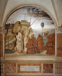 Hur Benedikt besvarar eremiternas bön och går med på att bli deras ledare. Fresk i klostergången utförd av Antonio Bazzi, kallad il Sodoma (1477-1549), som berättar om den helige Benedikt av Nursias liv (480-567), grundare av benediktinorden, 1503