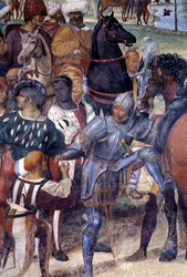 Hur Benedict förutsäger förstörelsen av Monte Cassino (St. Benedict förutsäger förstörelsen av Monte Cassino) Detalj - fresk av klostret gjord av Antonio Bazzi dit il Sodoma (1477 - 1549) som berättar om livet för den helige Benedikt av Nursie (480 - 567) 