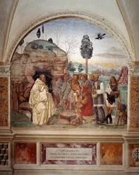 Hur Benedictus lär ut den heliga läran till bönderna som besöker honom (St. Benedictus lär ut den heliga läran till bonden som besöker honom) Fresk av klostret gjord av Antonio Bazzi dit il Sodoma (1477 - 1549) som berättar om den helige Benedikt av Nurs l