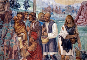 Hur Benedictus lär ut den heliga läran till bönderna som besöker honom. Detaljfresk av klostret realiserad av Antonio Bazzi dit il Sodoma (1477 - 1549) som berättar om livet för den helige Benediktus av Nursia (480 - 567) grundare av Benediktinerorden 1503