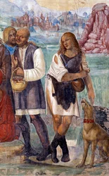 Hur Benedictus lär ut den heliga läran till bönderna som besöker honom. Detaljfresk av klostret realiserad av Antonio Bazzi dit il Sodoma (1477 - 1549) som berättar om livet för Saint Benedict of Nursie (480 - 567) grundare av Benediktinerorden 1503 -