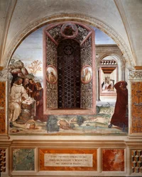 Hur en präst förde mat till Benedictus på påsk - Fresk av klostret gjord av Antonio Bazzi dit il Sodoma (1477 - 1549) som berättar om livet för den helige Benediktus av Nursia (480 - 567) grundare av Benediktinerorden 1503 - 1508 Abbey of Monte Oliveto Ma