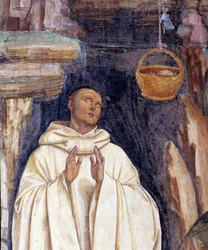 Hur demonen bröt klockan i Benoits korg (Djävulen bröt klockan av den helige Benedictus av Nursias korg) - Detalj - Väggfresk gjord av Antonio Bazzi dit il Sodoma (1477-1549) som berättar om livet för den helige Benedikt av Nursia (480 - 567) grundare av O