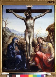La crucifixion avec la Vierge et Jean Baptiste (Korsfästelsen med Jungfru och Johannes döparen). Inskriptionen ""I.N.R.I."" (INRI) på korset. Målning av Sodoma (eller Giovanni Antonio Bazzi