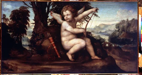 Landskap med Amor (Landskap med Amor) - Målning av Giovanni Antonio Bazzi, känd som Le Sodoma (1477-1549) - Olja på duk, 68 x 129 cm, omkring 1510 - Skolan i Siena, italiensk renässans - Eremitagemuseet, Sankt Petersburg