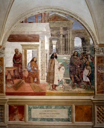 Saint Benedict fixar en trasig såll I mitten av bilden, självporträtt av konstnären - Fresk av klädseln realiserad av Antonio Bazzi dit il Sodoma (1477 - 1549) som berättar om livet för Saint Benedict of Nursie (480 - 567) grundare av orden av