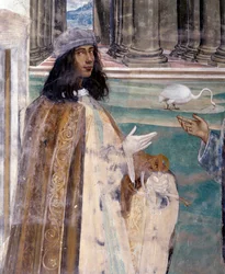 Saint Benedict fixar en trasig såll Självporträtt av konstnären - Detalj Fresk av klädseln realiserad av Antonio Bazzi dit il Sodoma (1477 - 1549) som berättar om livet för Saint Benedict of Nursie (480 - 567) grundare av Benediktinerorden 1503 - 1508