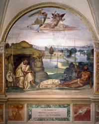 Sankt Benedikt besegrar frestelsen genom att kasta sig naken i en törnbuske, medan en ängel kämpar mot demonen. Fresk i munkarnas refektorium utförd av Antonio Bazzi, kallad il Sodoma (1477 - 1549), som berättar om Sankt Benedikts liv (48)