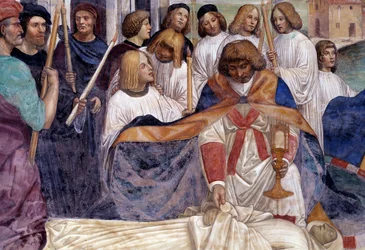 St Benedict bär Kristi kropp på munkens kropp som jorden vägrar att begrava. Detaljfresk av klädseln realiserad av Antonio Bazzi dit il Sodoma (1477 - 1549) som berättar om livet för Saint Benedict of Nursie (480 - 567) grundare av Orden