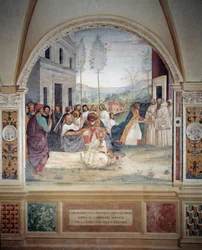 St Benedict bär Kristi kropp på munkens kropp som jorden vägrar att begrava fresk av klädseln gjord av Antonio Bazzi dit il Sodoma (1477 - 1549) som berättar om livet för Saint Benedict of Nursie (480 - 567) grundare av Benediorden