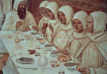 St. Benedictus har fått gott om mjöl och matat munkarna, detalj från St. Benedikts liv