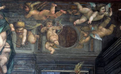 Sala delle Nozze di Alessandro e Rossana Hall av Alexander den stores bröllop 356-323 f.Kr. till Roxanne detalj av flygande putti, c.1513 freskdetalj av 107226