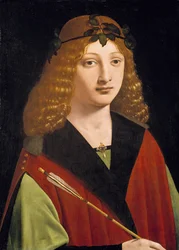 Porträtt av en ungdom som håller en pil, ca 1500-10 (olja på panel)