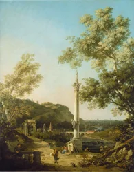 Engelsk landskap Capriccio med en kolumn, c.1754