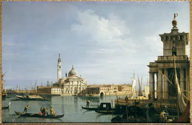 Ön San Giorgio Maggiore, Venedig, med Punta della Dogana och många fartyg