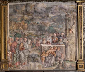 St Anthony anländer till Padua, där han återställer freden mellan medborgarna med styrkan och sötman i sin predikan, School of the Saint