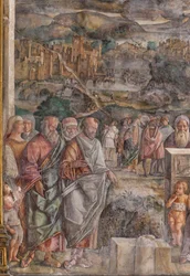 St Anthony anländer till Padua, där han återställer freden mellan medborgarna med styrkan och sötman i sin predikan, School of the Saint, detalj av 2196876