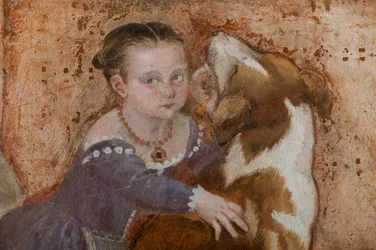 Liten flicka och hund, detalj av banketten, ca 1570 (fresk)