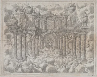 Platta 2 [motsäker]: Scenuppsättning med allegoriska figurer sittande bland molnen, med en..., 1690.