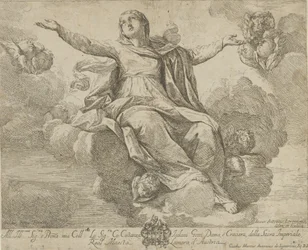 Jungfruns antagande, som sitter i molnen med utsträckta armar, ang..., 1685-1720.
