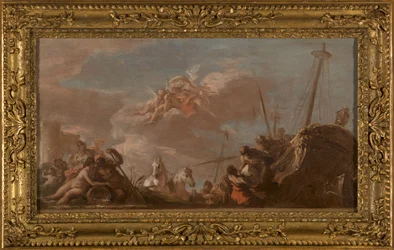 Skiss till taket på Banque Royale: Le Déchargement en bord de Seine de marchandises en provenance de la Louisiane, en 1720 (olja på duk (väv))