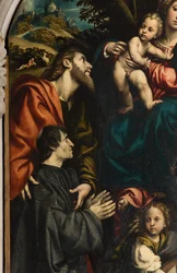 Saint Catherines altare, Madonna och barn mellan de heliga Filip och Jakob och donatorn Giacomo Schizzi, Il Pordenone 1522, detalj