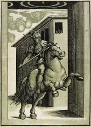Marcus Curtius, ca 1540 (chiaroscuro träsnitt från 3 block)