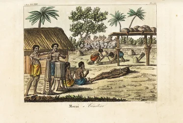 Människooffer i en helig marae (Morai) eller kyrkogård, Tahiti. Trummisar till vänster, ett svinbundet offer och två gravgrävare som gräver en grav framför en hög med människoskallar och pilar. Handkolorerad kopparplåt graverad av Sasso efter John Webber f