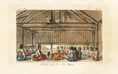 Kung Polaho dricker kava i ett långhus, Tonga (vänliga öar). Handfärgad kopparplåt graverad av Sasso efter John Webber från Giulio Ferrario
