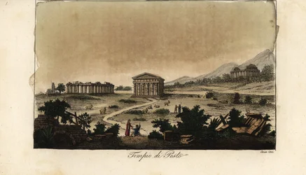 Utsikt över de antika grekiska templen i Hera vid Paestum, Italien