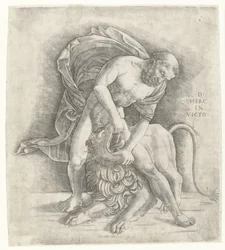 Hercules slåss mot lejonet från Nemean Herkules erövrar det Nemeiska lejonet D HERC IN VICTO (titel på objekt)