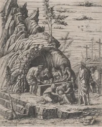 Kristi gravläggning som sänks ned av två män i en stengrav före..., ca. 1470-1500.