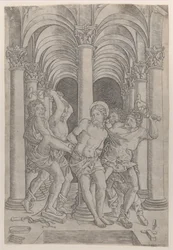 The Flagellation of Christ som är bunden till en kolumn i mitten inställd i en arkad, 1509., 1509.