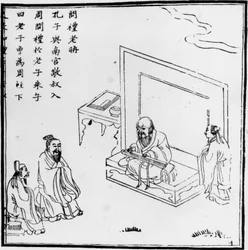 Lao Tzu möter Konfucius. Kinesisk gravyr. sd.