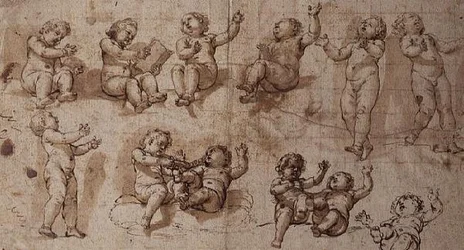 Studier av Putti (penna, bläck, tvätt och krita)