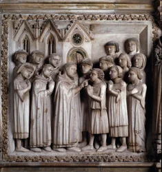 Den stummes mirakel (Life of St Peter of Verona). detalj av en marmorrelief