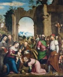De vise männens tillbedjan med S:ta Klara och Franciskus, ca 1510 (olja på pannå)
