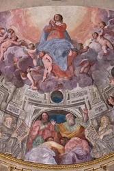 Genua, Duomo (St Lawrence Cathedral), inuti, Lercari-kapellet eller det heliga sakramentets kapell (norra absiden), absid: "Jungfruns antagande", fresk av Giovanni Battista Castello känd som Bergamasco
