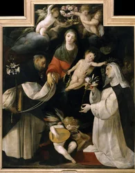 Madonna av Rosenkransen (Madonna del Rosario). En krans av rosor är placerad på jungfruns huvud medan två helgon ger henne vita liljor, radband och hjärtan som symboliserar tro. Målning av Giovan (Giovanni) Battista Crespi känd som Il Cerano (ca 15
